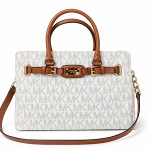 🤎Michael Kors Logo Satchel – Vanilla MK Print w/ Luggage Brown Trimp🤍